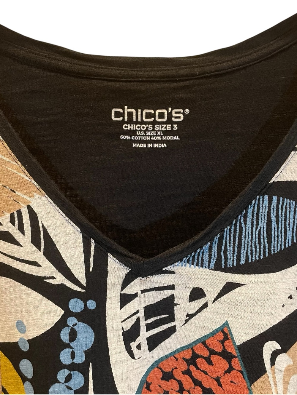 Chico's Abstract Tropical V-Neck Puff SleeveTop Black & Multicolor Leaf Print XL - Picture 3 of 8